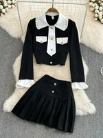 sweet two piece set women shirt blouse crop top pleated skirt suits korean fashion sexy outfits for woman ensemble femme