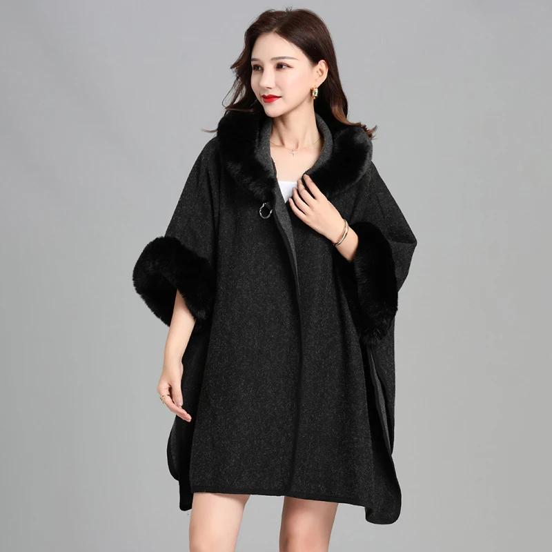Oversized Loose Single Button Cardigan Rex Rabbit Fur Collar Capes & Ponchos Hooded Faux Fur Large Size Coat Autumn Winter