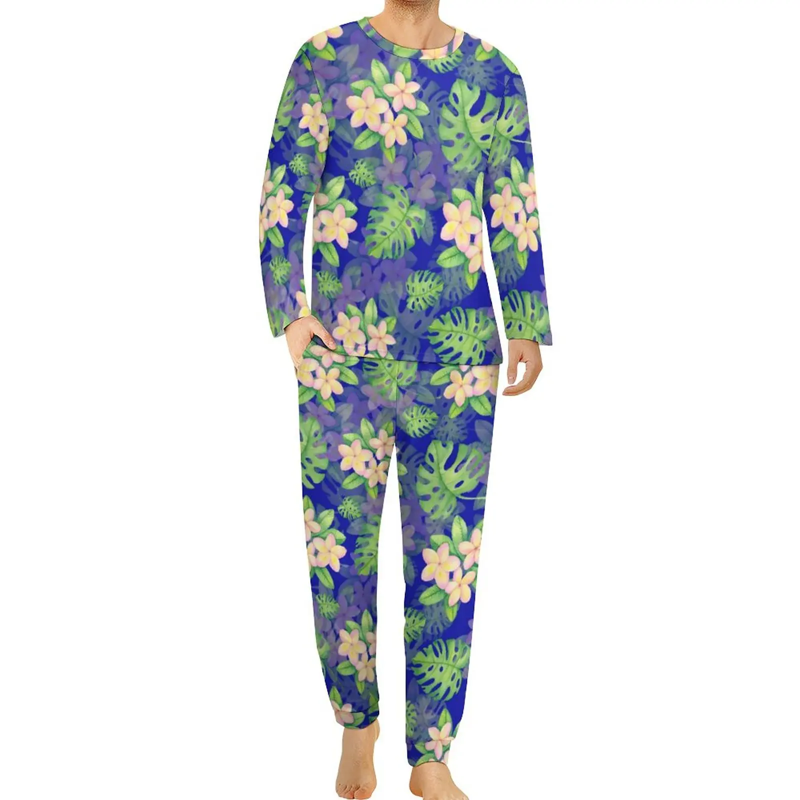 Tropical Palm Leaves Pajamas Daily Flower Print Bedroom Sleepwear Male 2 Piece Graphic Long-Sleeve Cute Big Size Pajama Sets