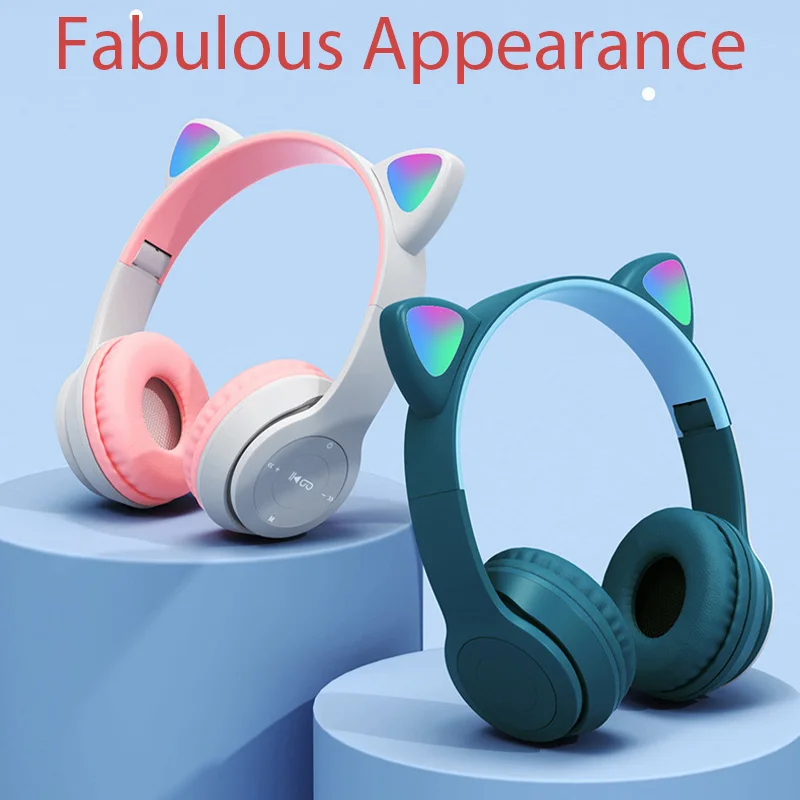 Wireless Bluetooth Earset Cute Cat Ears Headphone with Mic Hifi Stereo Music Gamer Earbuds Flash Light Headset for Kid Girl Gift