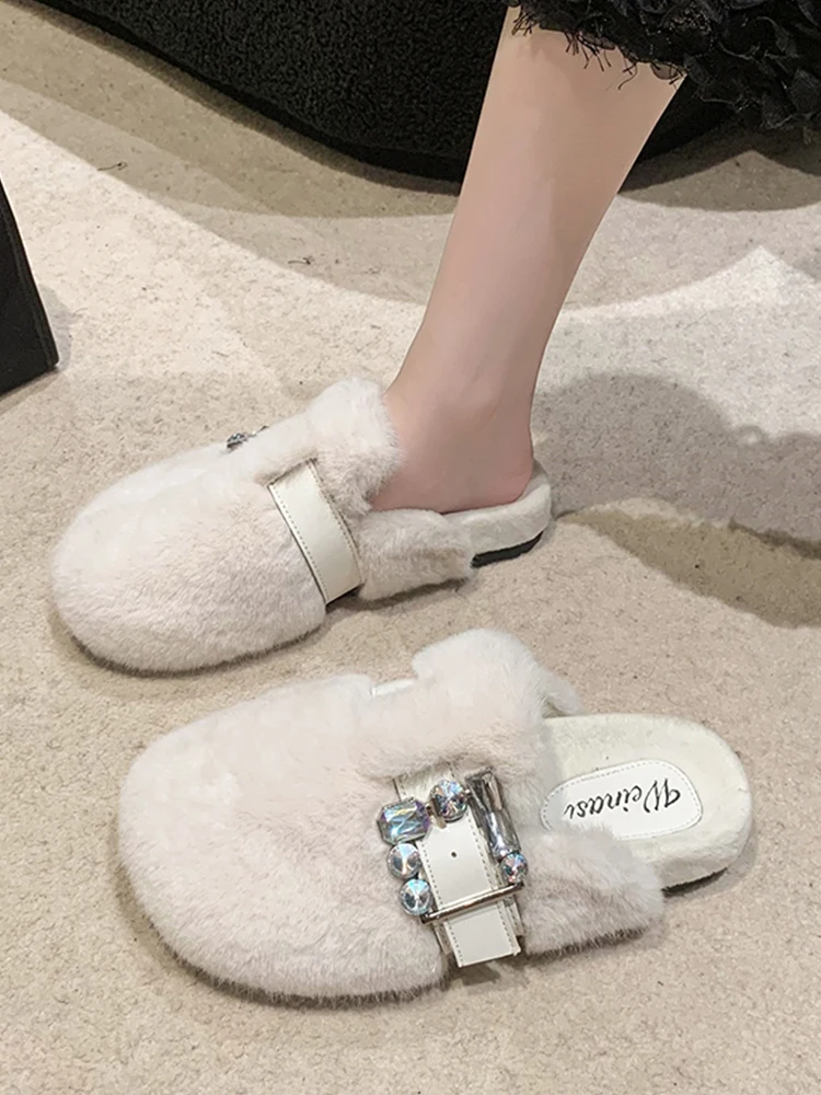 

Женские меховые шлепанцы, роскошные сланцы из флока, с плюшевой подкладкой, на плоской резиновой подошве, зимние Тапочки