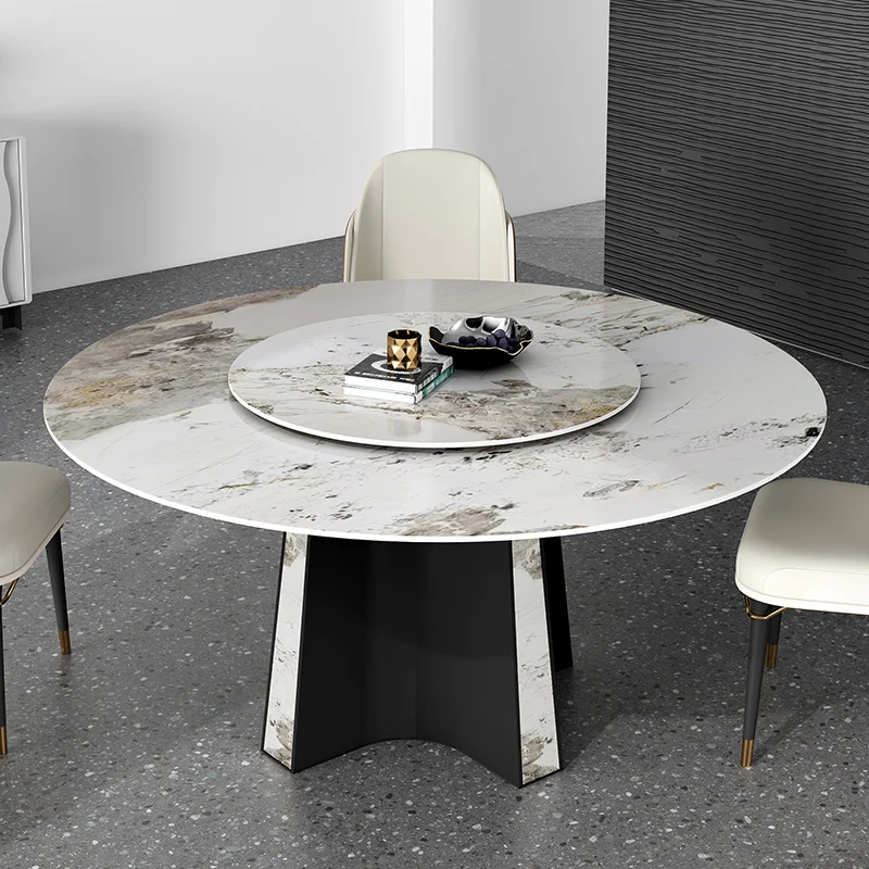 

Italian rock plate luxury stone dining table Italian minimalist light luxury small family round bright stainless steel household