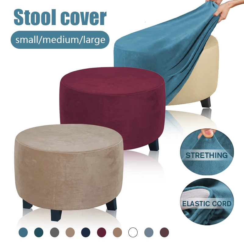 

Velvet Round Ottoman Stool Cover Soft Elastic All-Inclusive Slipcovers Removable Living Room Bedroom Washable Footstool Covers