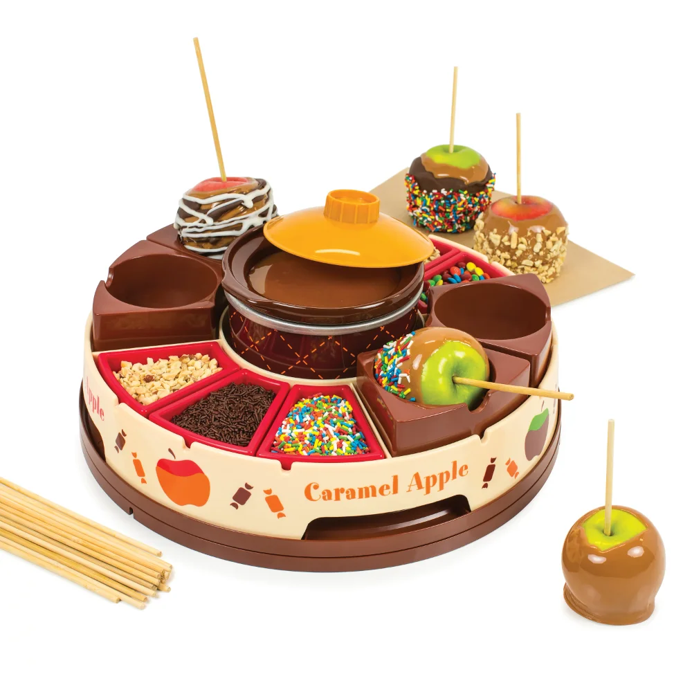 

NCCA5 Lazy Susan Chocolate And Caramel Apple Party With Heated Fondue Pot, 25 Sticks, Decorating Toppings Trays