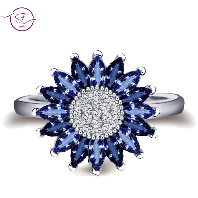 

New Arrival Blue Spinel Sunflower Design Ring Women Wedding Rings Bohemia Silver Color Jewelry Wholesale Party Anniversary Gift