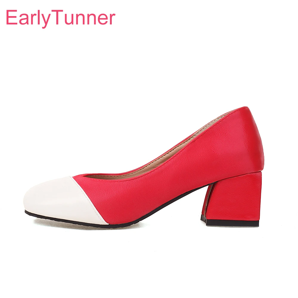 

2022 Spring New Sweet Red Brown Women Casual Pumps Sqaure Toe Chunky Heels Lady Shoes Plus Small Big Size 30 10 43 45 48