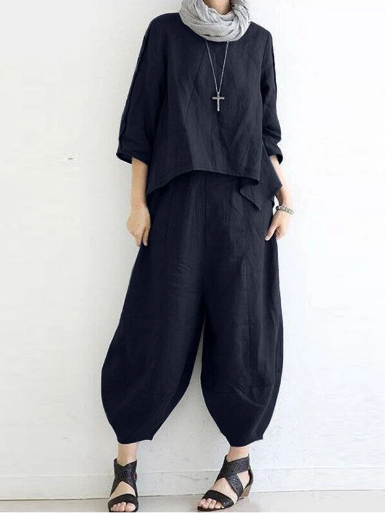 

2023 Summer New Solid Cotton Hemp High Waist Large Size Comfortable Slim Fit Casual Set Temperament Commuting Two Piece Set