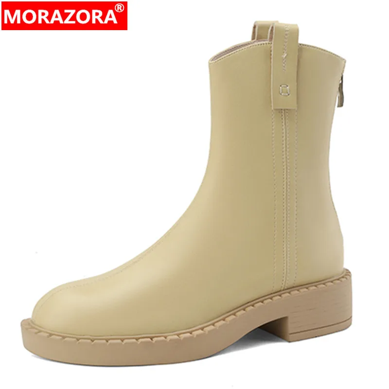 

MORAZORA 2023 New Genuine Leather Women Boots Autumn Spring Zipper Ankle Boots Ladies Platform Thick Med Heels Shoes