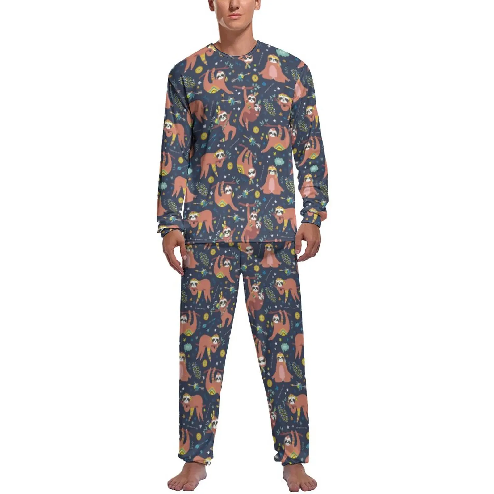 Animal Print Pajamas Male Cute Sloth Soft Nightwear Autumn Long Sleeves 2 Piece Aesthetic Printed Pajamas Set