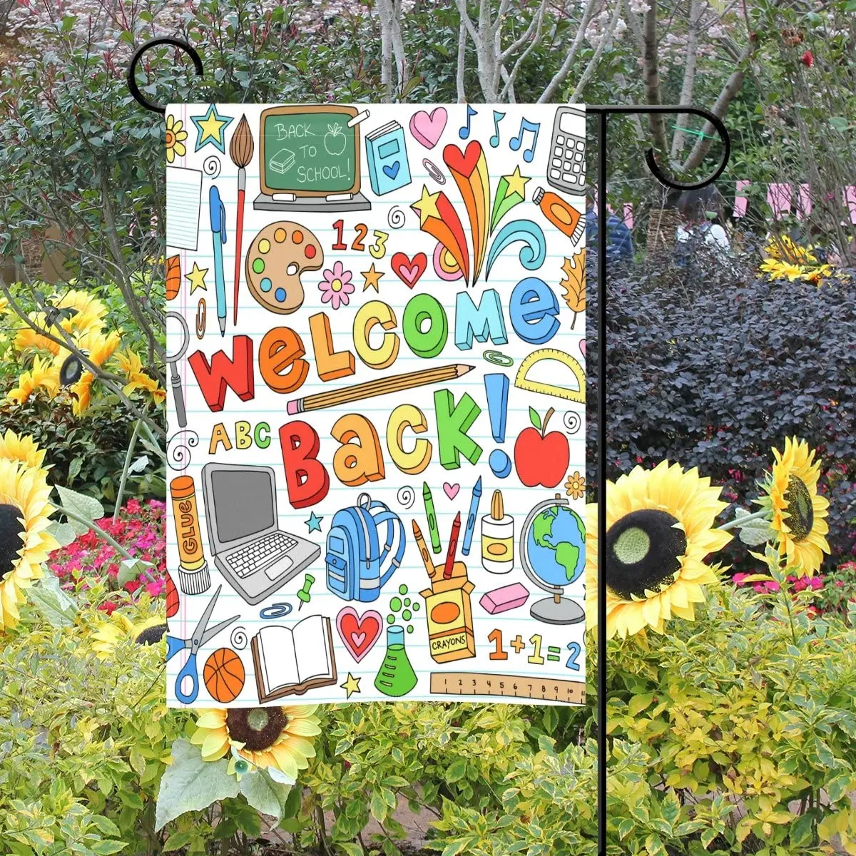 

Simple Hand Drawn Welcome Back to School Decorative Garden Yard Flag Banner for Outside House Flower Pot Double Side Print Polye