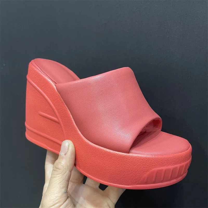 2023 Summer New Wedge Platform Mink Fur round Head Slip-on Slippers High Heel Sandals Large Size Women's Shoes