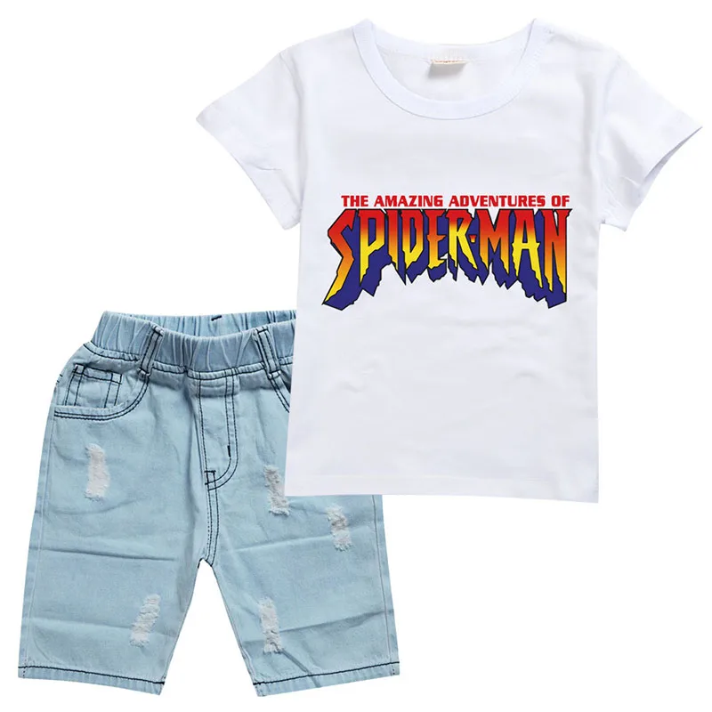 

Marvel Spiderman Kids Baby Boys T-shirt Jeans Round Neck Short Sleeve Disney Cartoon Spring & Autumn Tops Home Clothes Set Gift