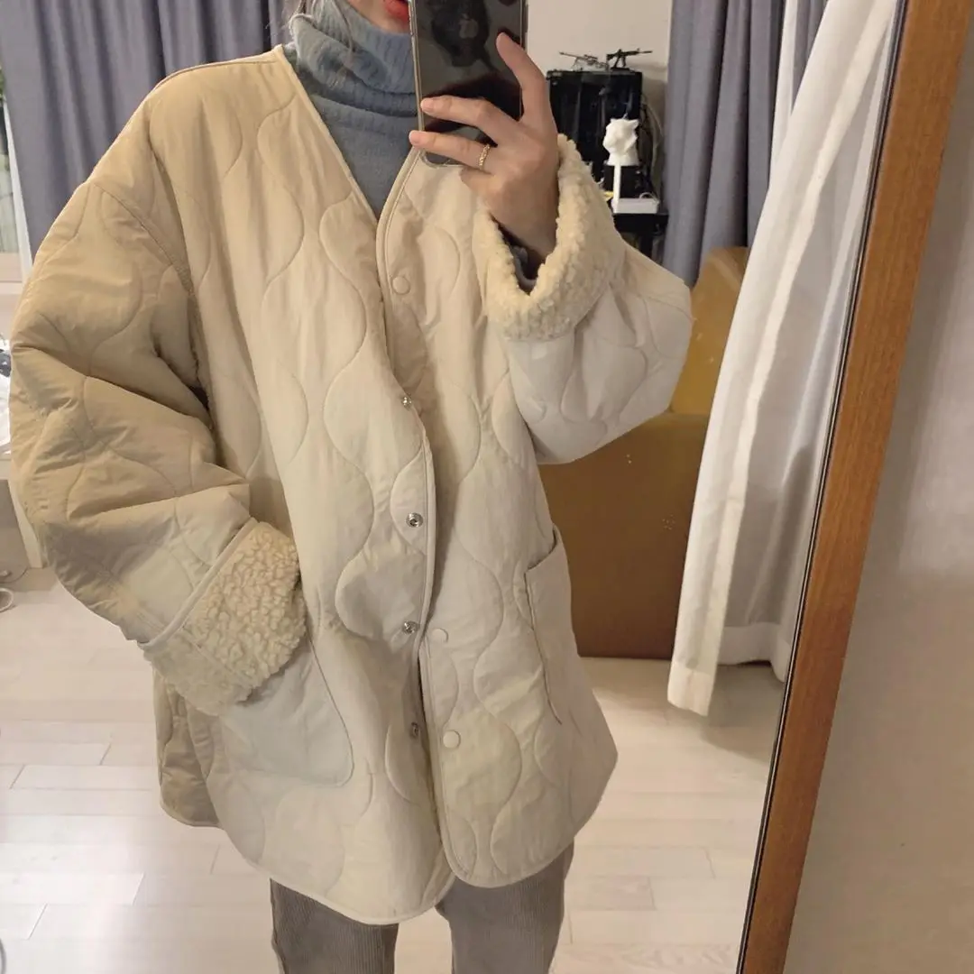 New Winter Korean V-neck Women Lamb Padded Warm Jacket Fashion Casual Loose Solid Coat Cotton Faux Lining Women Parkas 2023