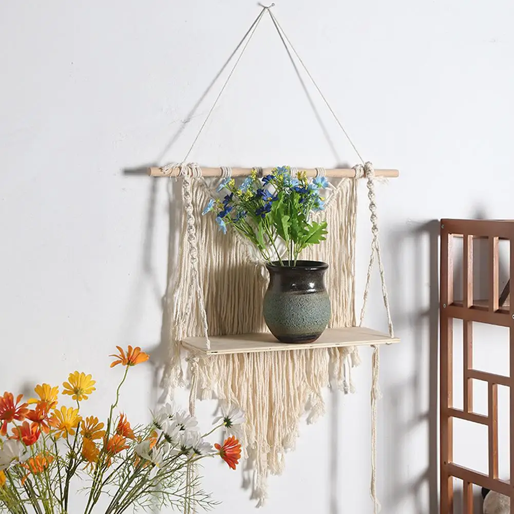 

Hand-woven Natural Cotton Rope Wall Hanging Shelf With Wooden Shelves Boho Floating Shelf For Home Wall Decorations
