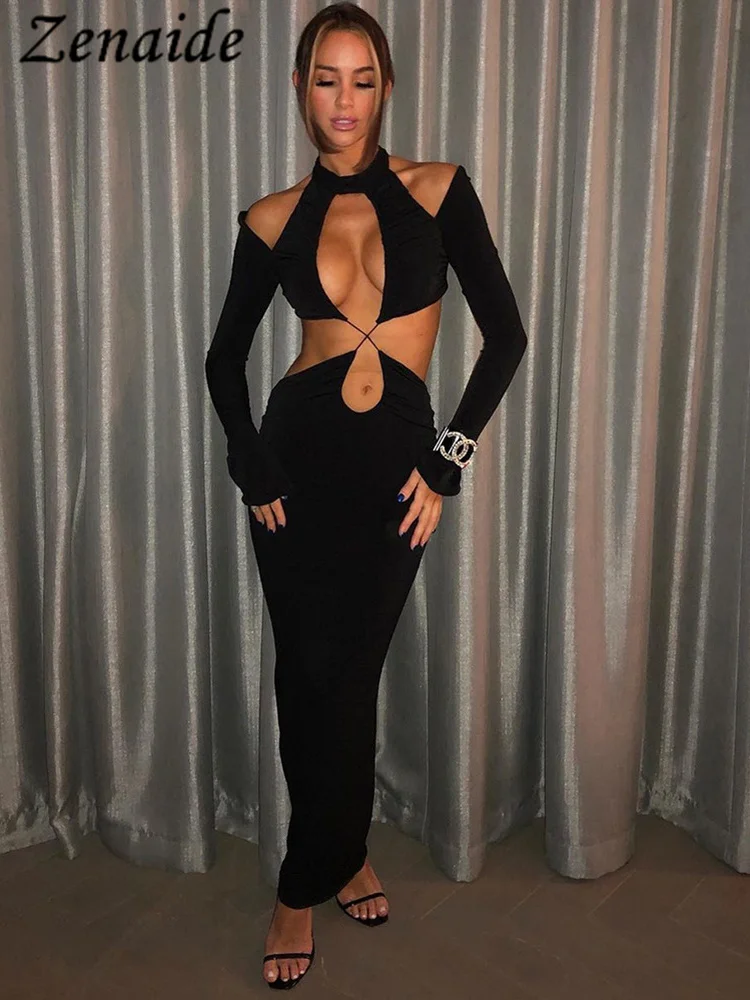 

Zenaide 2023 Spring Long Sleeve Hollow Out Sexy Black Dress Women Halter Neck Bodycon Maxi Dresses Party Club Outfits