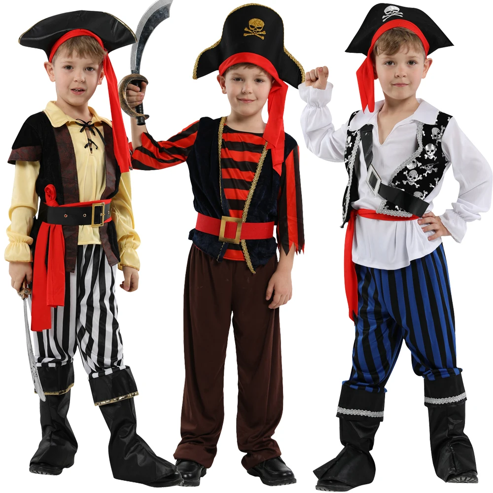 

Children Pirate Captain Cosplay Costumes with Shoes Cover Boys Girls Halloween Christmas Party Pirate Cap Dress No Weapon