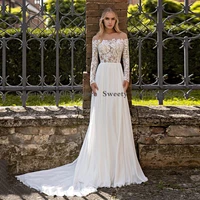 sexy boho wedding dress 2022 sheer o neck long sleeves bohemian lace chiffon bridal gown top illusion bride robe de mariee