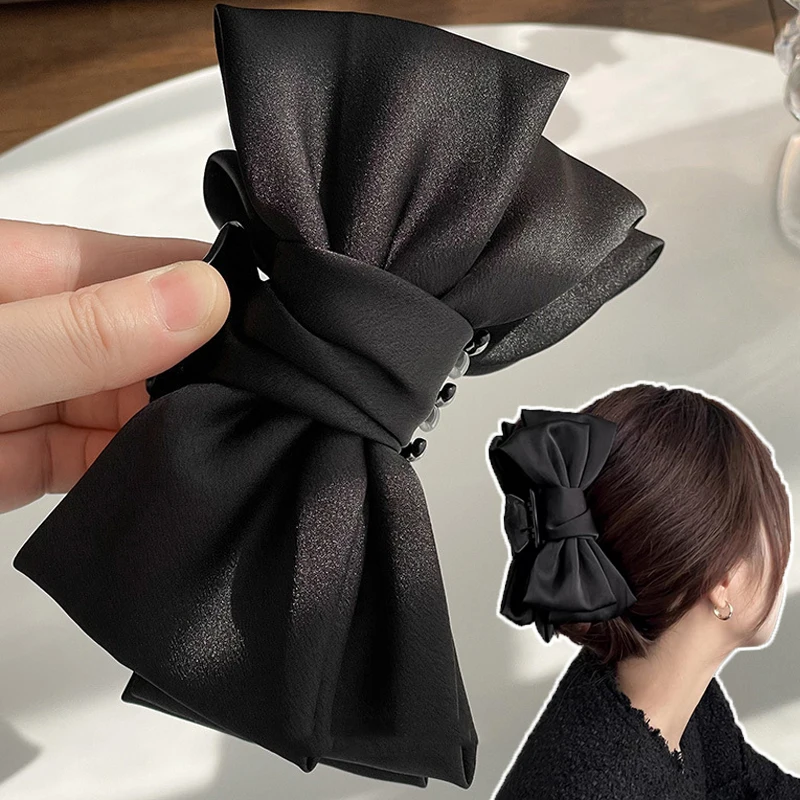 

Large Black Bowknot Hairclip for Ponytail Women Shark Silk Satin Hairpin Barrette Claws Sweet Headdress Grips Accessoires