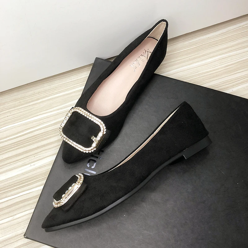 

Women Flats Black Dressy Comfort Slip on Pointed Toe Pure Colors Summer Autumn Lady Flat Shoes Crystal Rhinestones Size 33-44