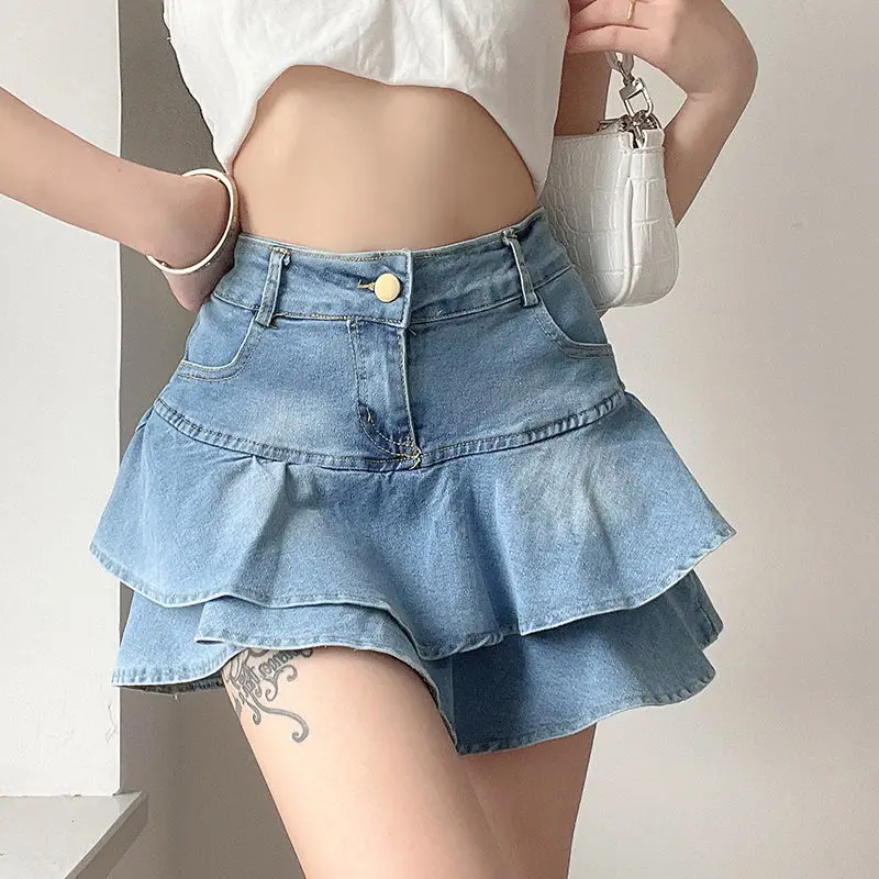 

2022 Summer Women Skirt Retro Blue Double Layer Ruffled Denim Skirt Y2k Small Cake Pleated High Waist Slim Short Mini Skirts