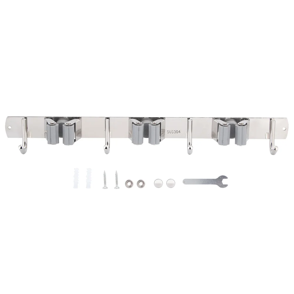 

304 Stainless Steel Wall Mount Mop Broom Holder Rack Hanger Organizer Gray 3 Racks 4 Hooks