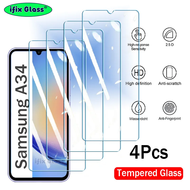 

4Pcs Tempered Glass For Samsung Galaxy A34 A33 A32 A31 A30 A30S 4G 5G Full Cover Glue Screen Protector Protective Glass Film