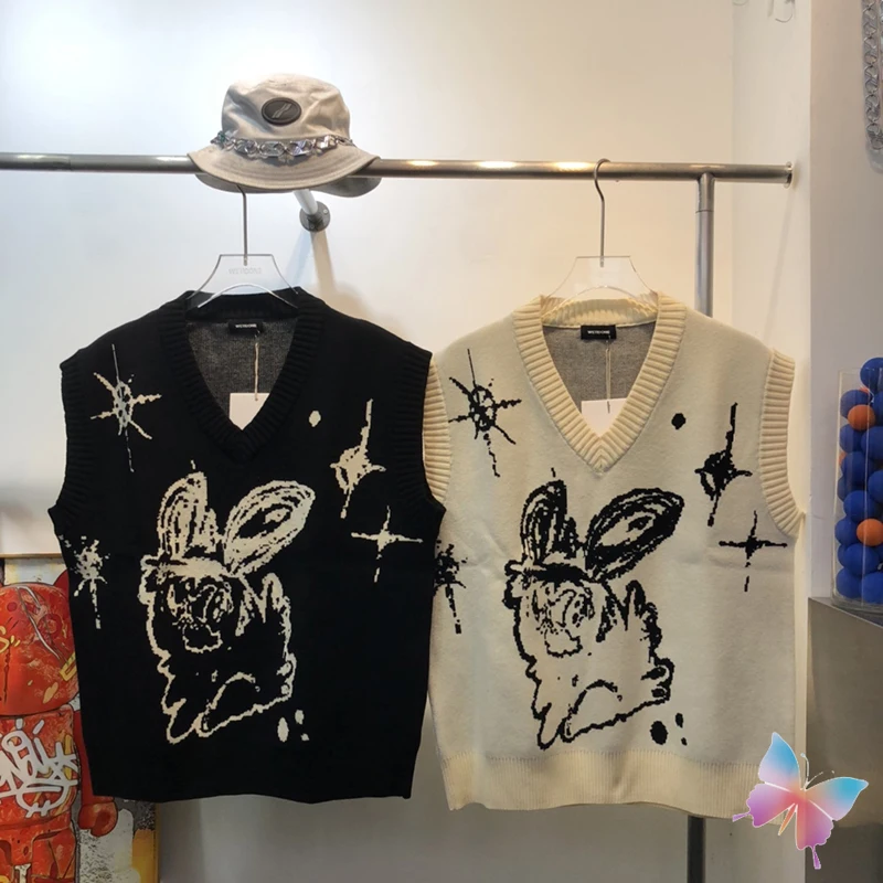 

Жилет WE11done жаккардовый высокого качества с кроличьими ушками, черный пуловер без рукавов с V-образным вырезом, уличная одежда для мужчин и ж...