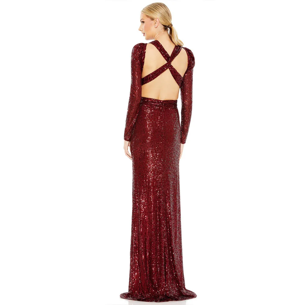 Women Prom Dress 2023 Sequins New in Sexy V-neck Hollow Cut Split Long Dress Formal Cocktail Evening Party Dresses