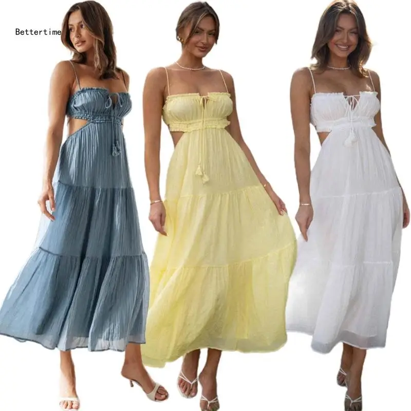 

B36D Women's Summer Square Neck Tie Back Maxi Dress Tiered Ruffle Hem Long Dresses Long Flowy Dresses Gift