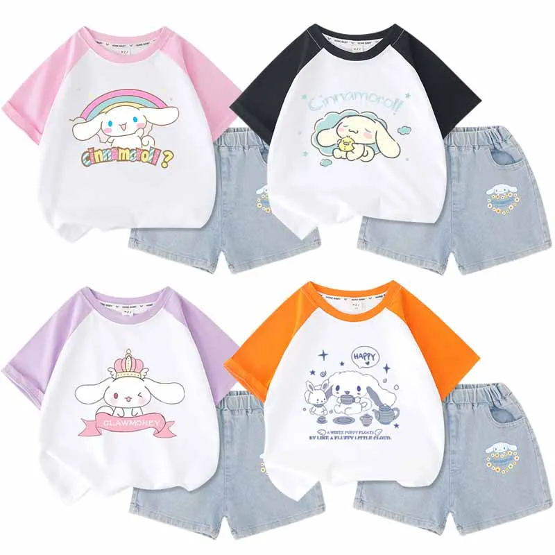 

Детская летняя футболка Sanrios с аниме-фигуркой Cinnamoroll, джинсовые шорты с коротким рукавом, милые топы с мультяшным рисунком для девочек, с коротким рукавом
