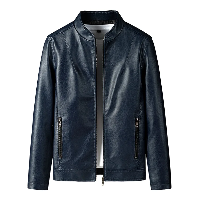 

Boys PU Leather Dark Blue Jacket Oversize Mens Casual Faux Leather Spring Coat Large Size Stand Collar Motorcycle Clothing 5xl