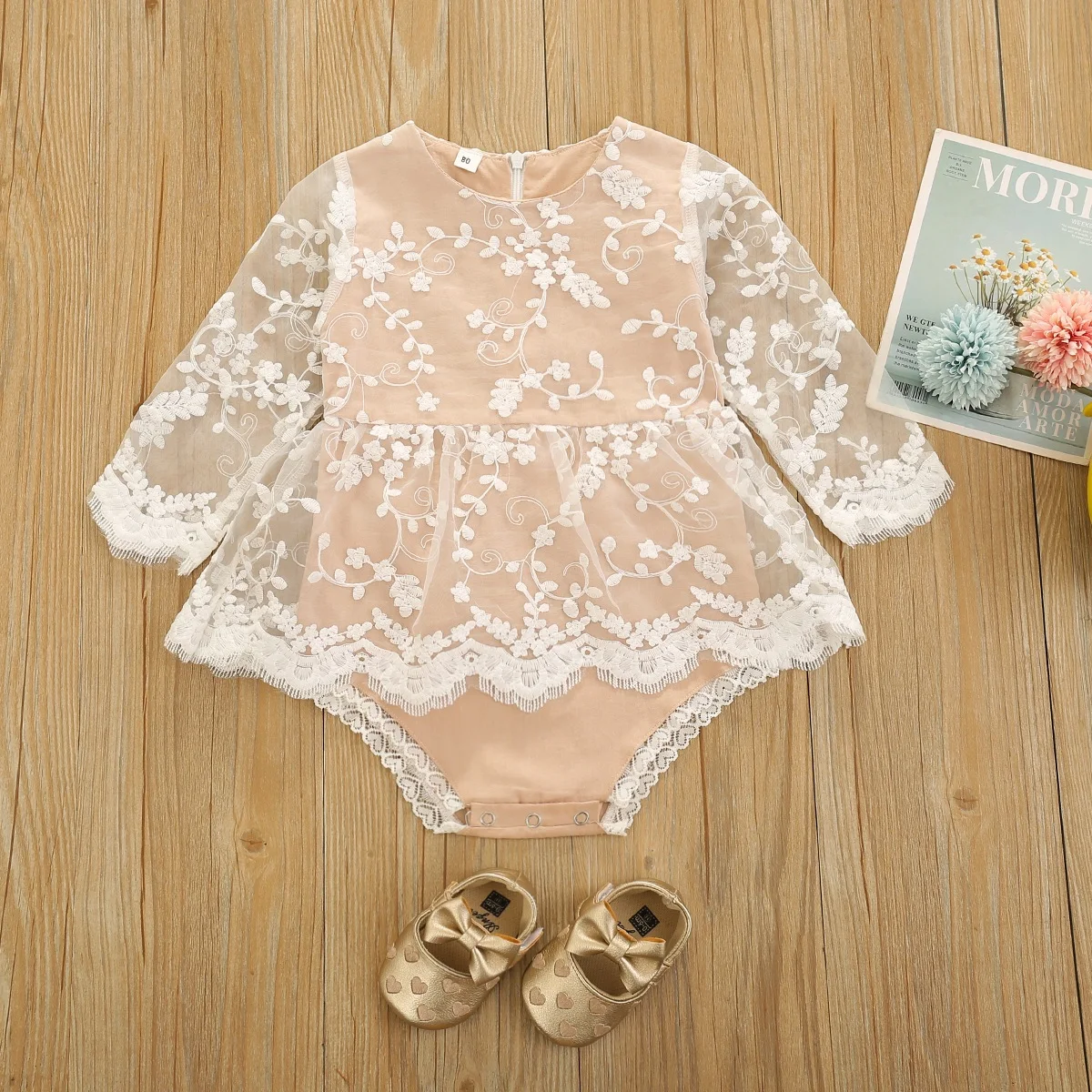 

Autumn New Infant Baby Girl\\u2019S Fashion Long-Sleeved Fresh Solid Color Lace Stitching Dress Triangle Romper Sweet Outfits