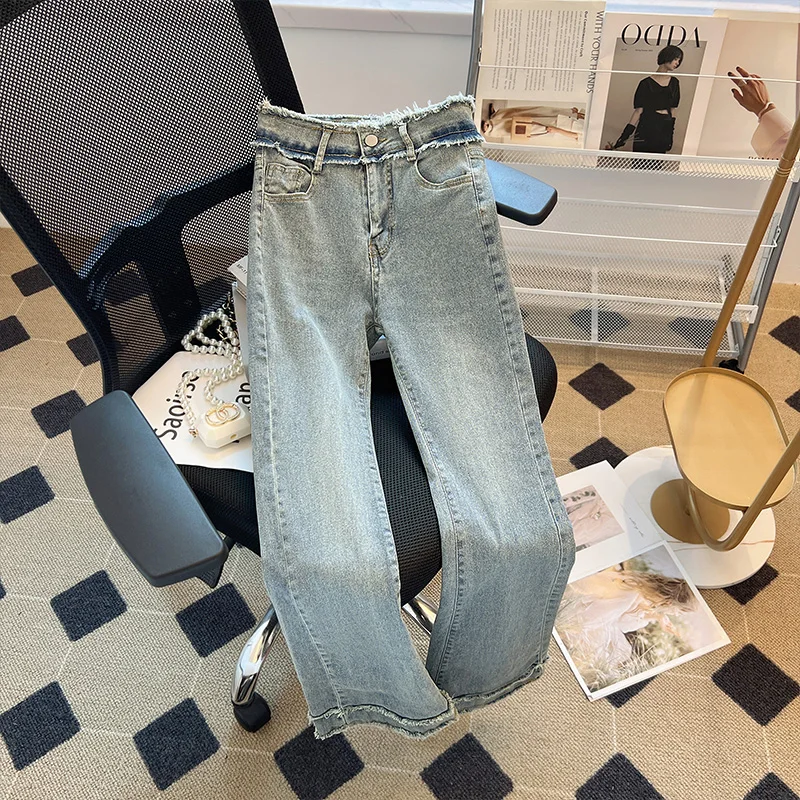 

Women's Raw Edge Design Baby Blue Casual Straight Jeans Summer New Street Chic Fashion Trousers Female High Waist Denim Pants