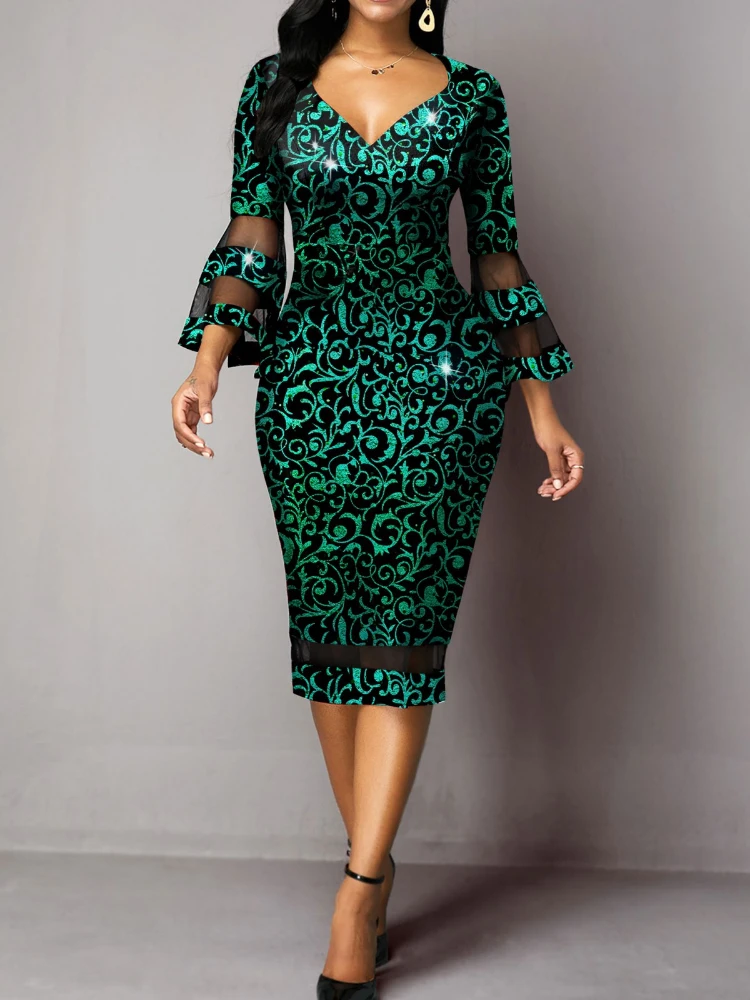 

Летнее женское платье с V-образным вырезом, элегантное вечернее платье, женское Сетчатое платье с рукавами-фонариками, облегающее эластичное платье