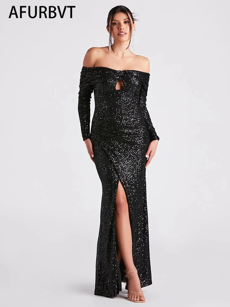 

Dress Women Summer Autumn Dress Elegant Long Sleeve Slash Neck Sequin Club Party Dresses Sexy High Fork Long Gown Maxi Dress