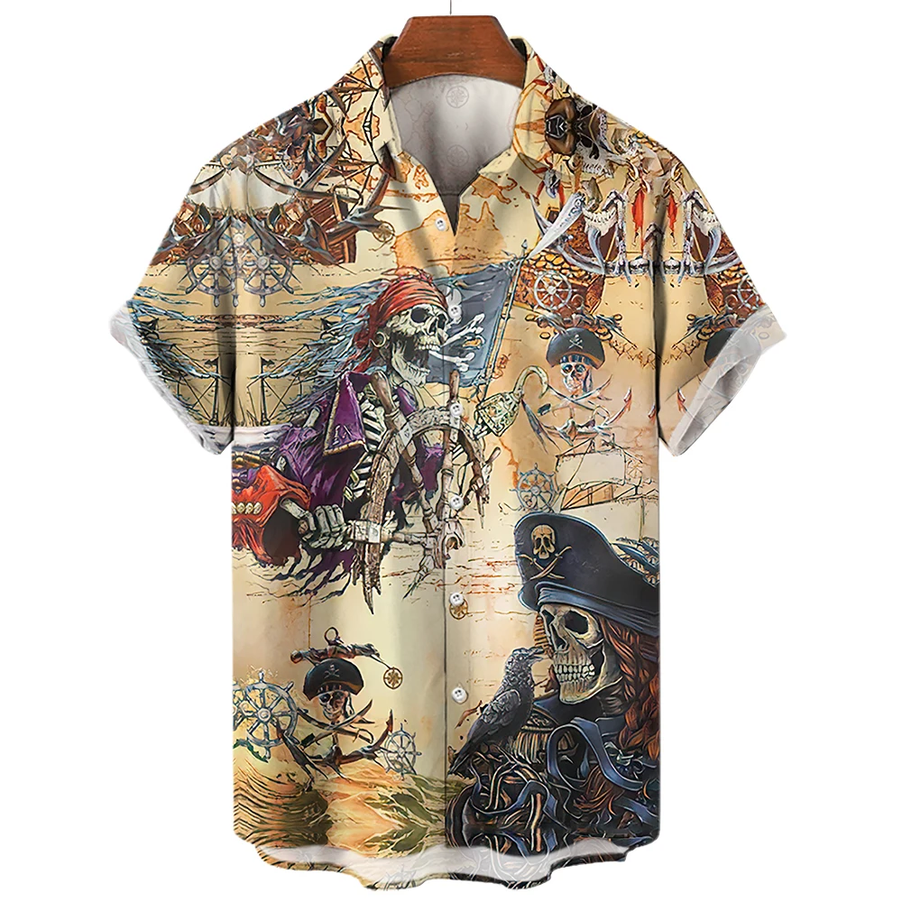 

Skull Pirate Pattern Men's Trendy Shirt Summer New 3d Print Casual Clothing 2023 Oversized Lapel Short-sleeved Retro Blouse 5XL