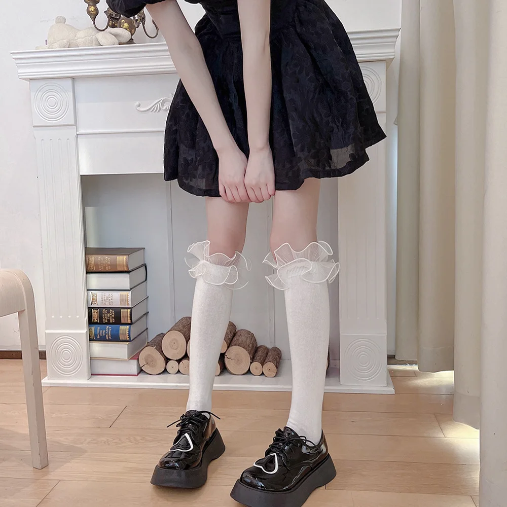 

Lolita Kawaii Cute Ruffle Socks Stockings Japanese Style JK Sweet Girls Frilly Long Socks Black White Thigh High Socks Stockings