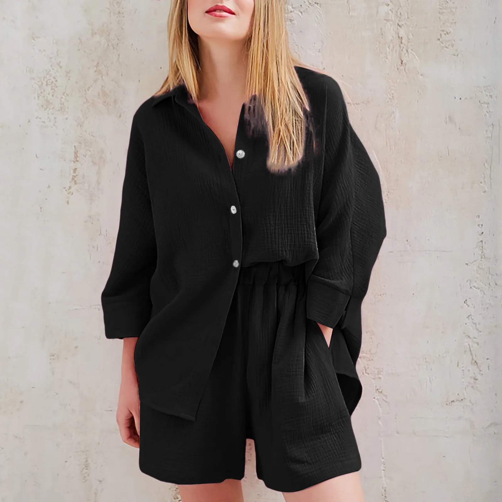 

Summer Women's Suit Shirt and Short Sets Solid Color Casual Cotton and Linen Blouse and Shorts Two Piece Sets Women Outfit 2023