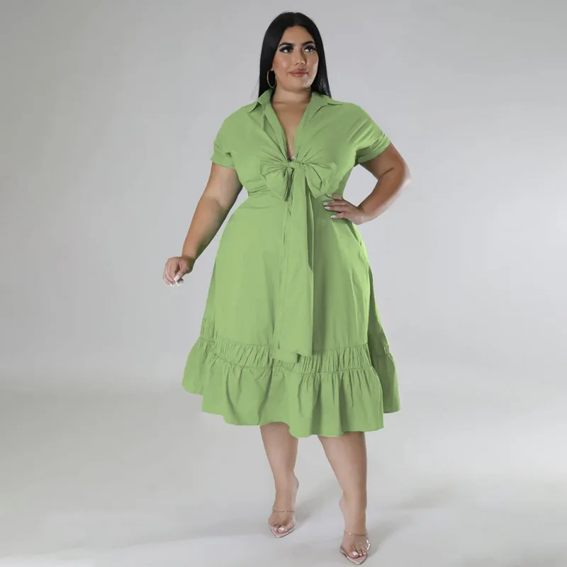 Plus Size Loose Dress Bow V Neck Elegant Women Clothing Chubby Female Luxury Robe 2023 Summer Trendy Party Fluid Wide Dress