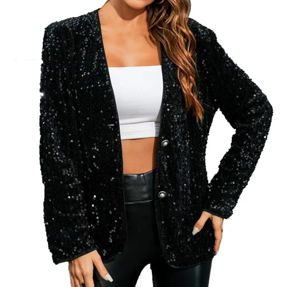 

Single-breasted Chic Great Stitching Lady Jacket Black Jacket Long Sleeve for Emcee