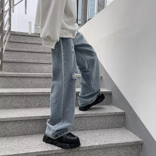 2022New Denim Pant Stretch Destroyed Ripped Design Fashion Hole Straight Jeans For Men Plus Size High Street Biker Jeans