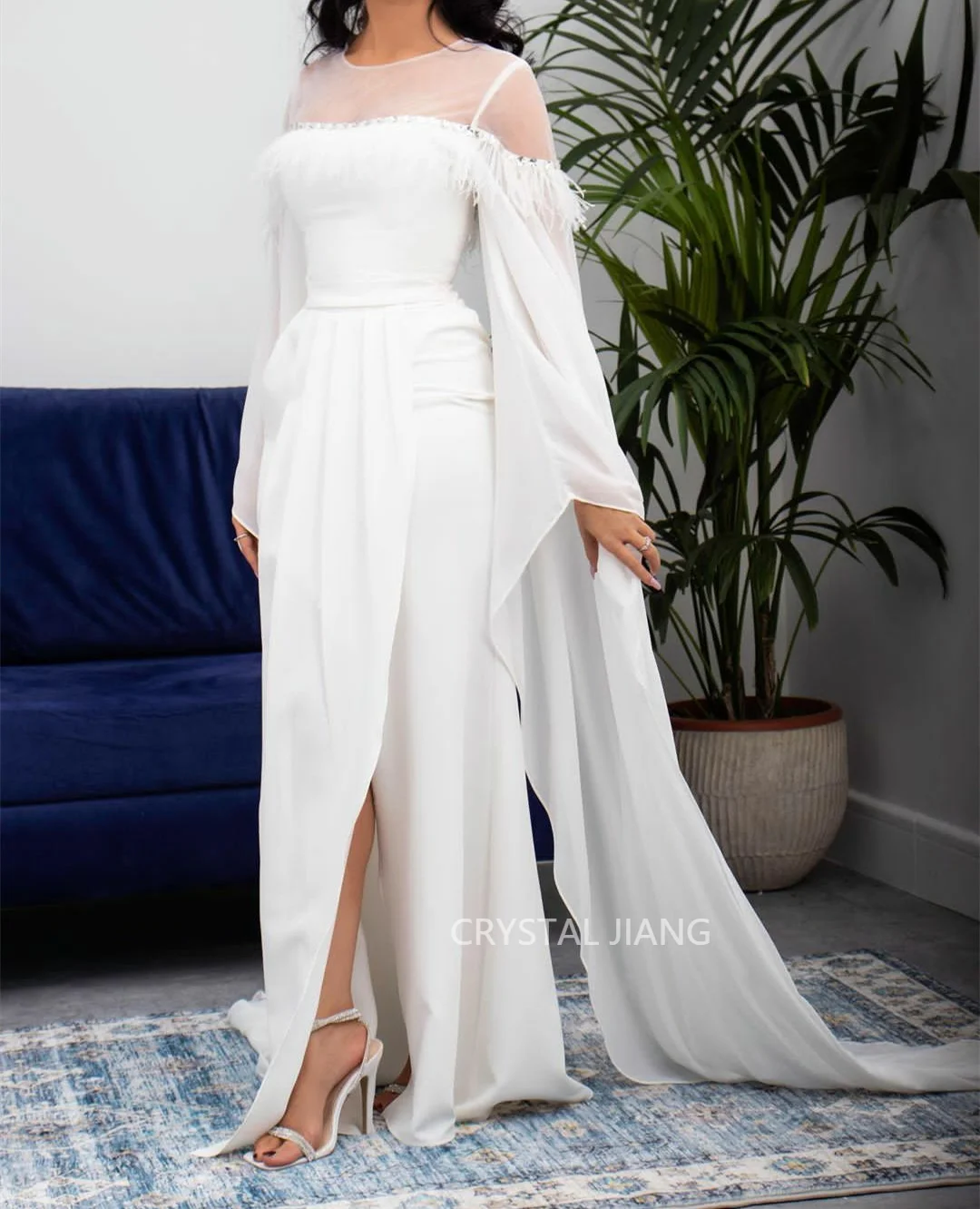 

Elegant White O Neck Chiffon Muslim Evening Dress Long Sleeves with Feathers A Line Sweep Train Prom Gowns вечернее платье