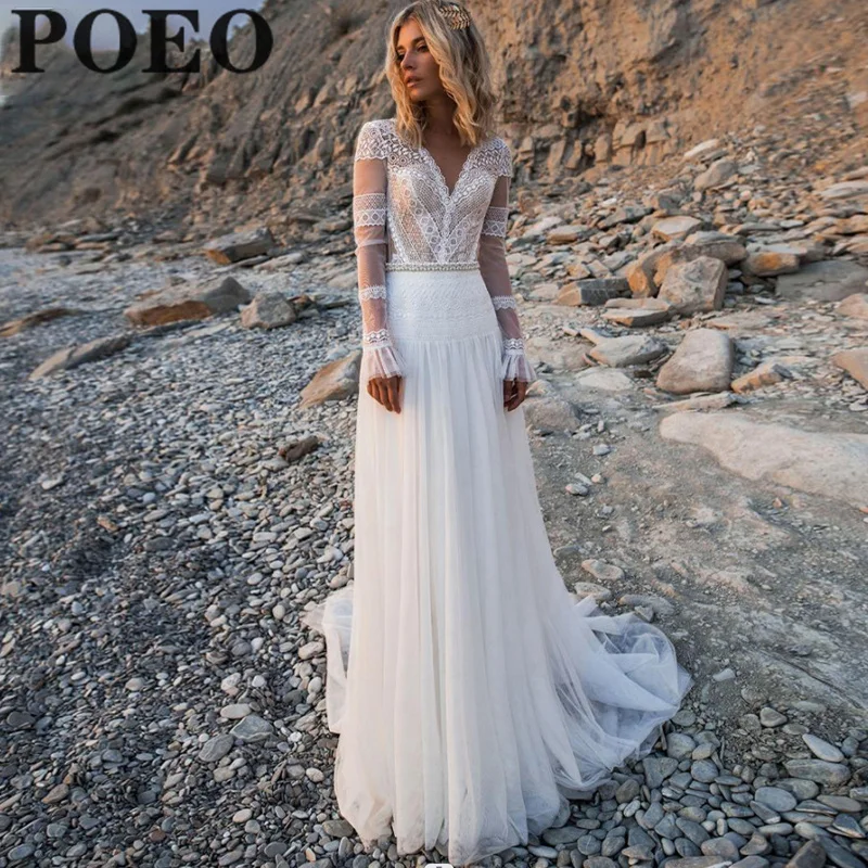 

POEO Beach Wedding Dress V-neck Button Lace Appliques Bride Gown A-LINE Floor-Length Court Train Vestido De Novia For Women