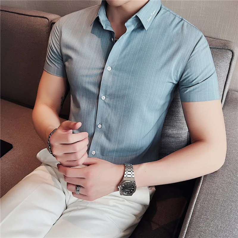 

Plus Size 4XL-M Summer Embroidery Striped Shirts For Men Clothing 2022 Business Formal Wear Slim Fit Short Sleeve Blouse Homme