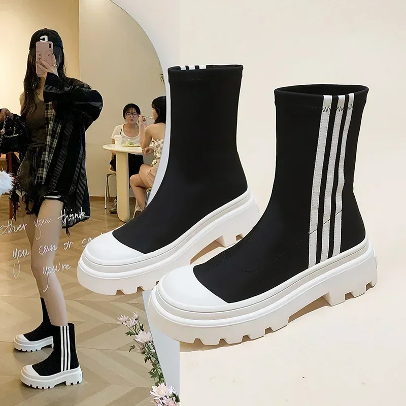 

Новинка 2023, Дизайнерские ботильоны из эластичной ткани, маленькие эластичные ботинки на платформе, черные облегающие ботинки на платформе