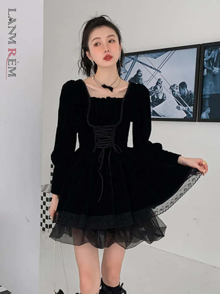 

LANMREM 2022 весеннее платье для женщин с квадратным воротником, кружевное платье черного цвета с длинным рукавом, мини платья на завязках, Женск...