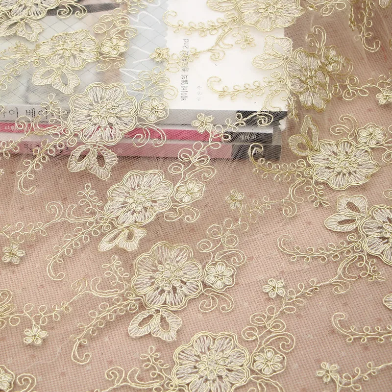 Золотая кружевная ткань с двойным цветком и вышивкой свадебное платье тюлевая