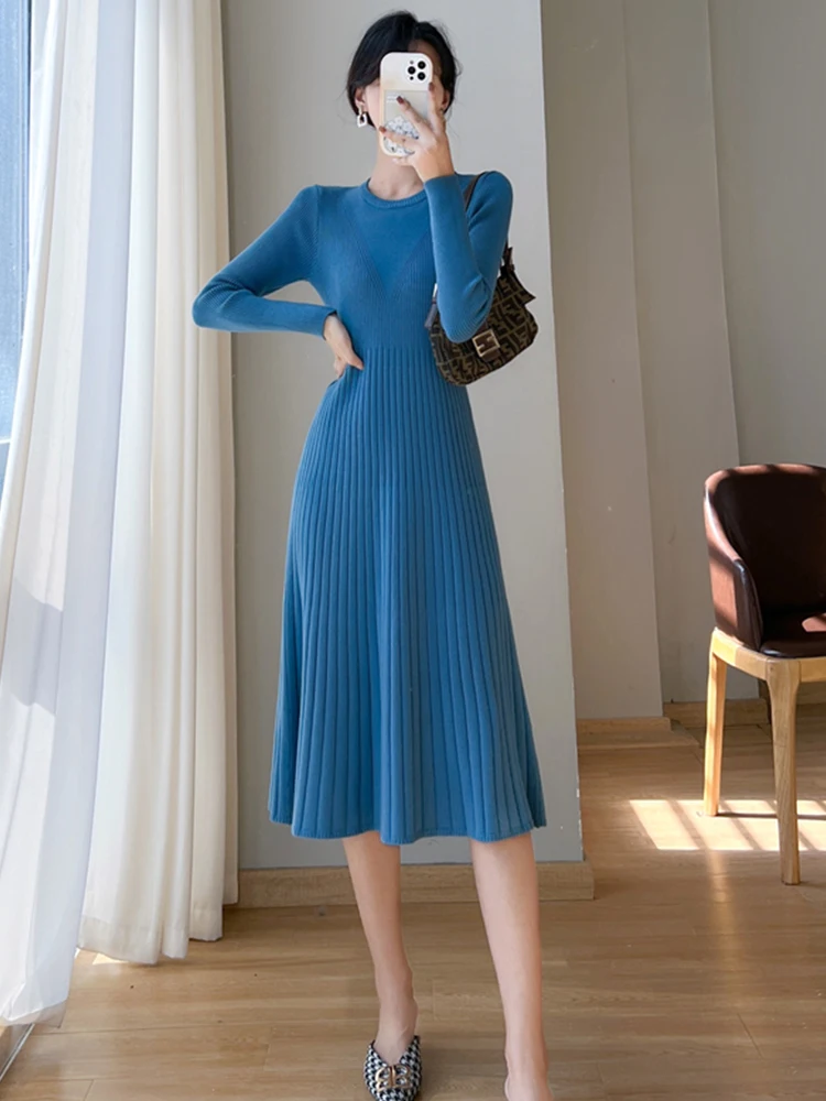 

Миди-синее вечернее платье с длинным рукавом, черное вязаное платье на осень-зиму 2023, винтажные элегантные женские вязаные крючком туники, свитер, облегающие платья