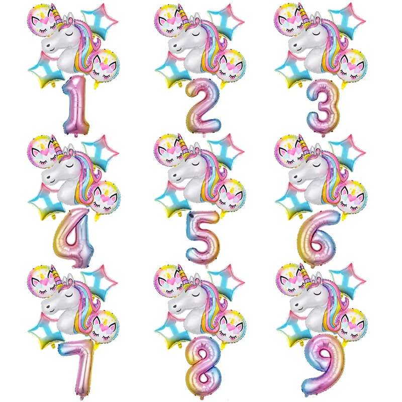

6pcs Rainbow Unicorn Balloon 32 inch Number Foil Balloons 1st Kids Unicorn Theme Birthday Party Decorations Baby Shower Globos