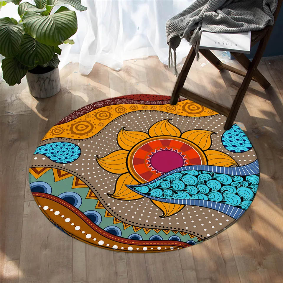 

Tribal African Round Carpet Ethnic Flower Carpet For Bedroom Floral Sun Living Room Carpet Retro Style Carpet